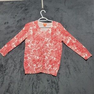 Joe Fresh Coral & White Paisley V-Neck Quarter Sleeve Stretch Buttoned Cardigan